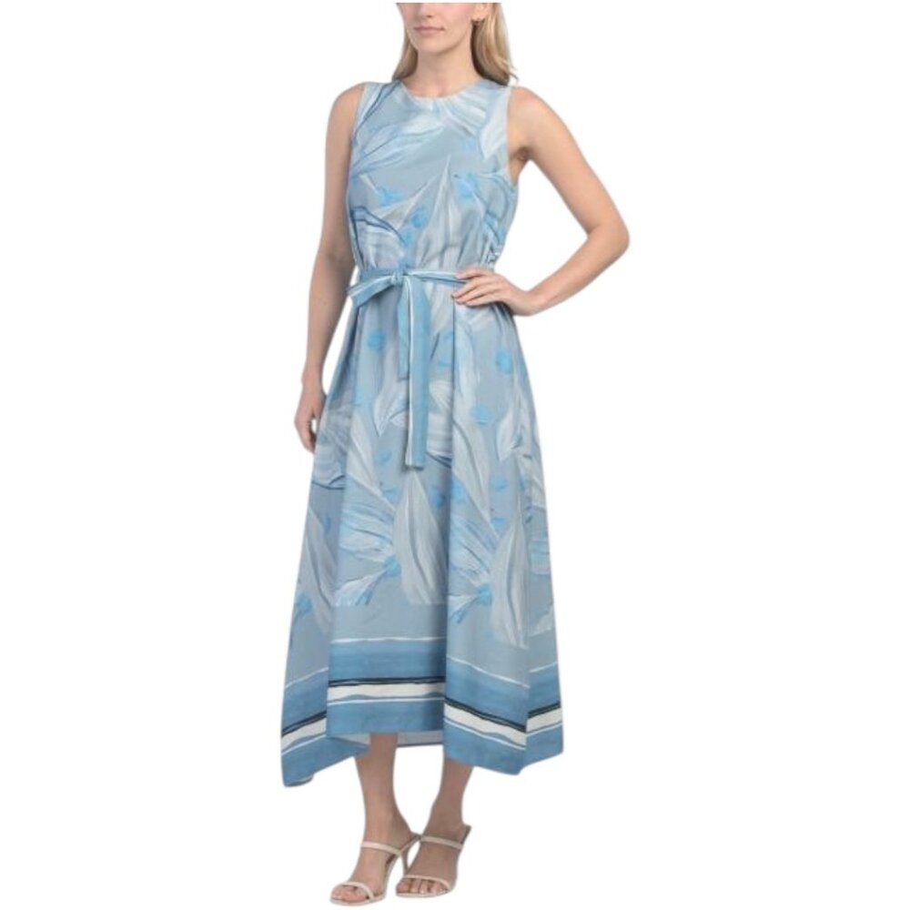 LA RAGAZZE Linen Blend Round Neck Maxi Dress With Border Print